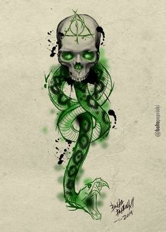 a drawing of a skull with green eyes and a snake wrapped around it's neck