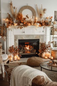 a living room filled with furniture and a fire place covered in fall leaves on top of a mantel