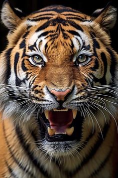 a close up of a tiger with its mouth open