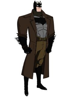 the batman animated character is dressed in brown and black clothing, with his hands on his hips