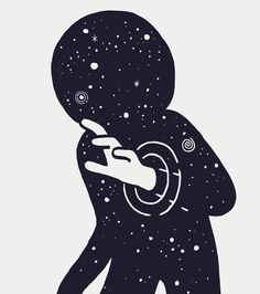 a black and white drawing of a person holding a cell phone in front of the stars