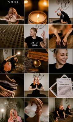 a collage of photos with various people doing different things in the same photo, including candles