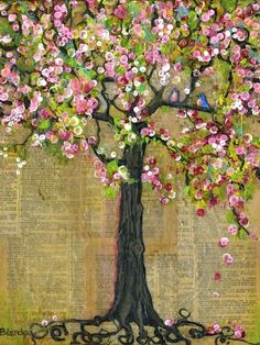 a painting of a tree with pink flowers on it