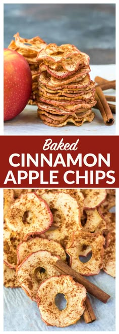 baked cinnamon apple chips with cinnamon sticks and apples in the background