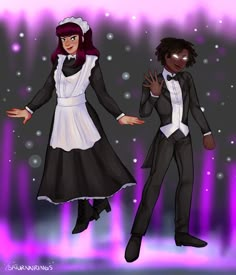 two people dressed in black and white are dancing with their hands out to the side