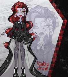 a drawing of a woman with red hair and makeup wearing a black dress, standing in front of a book cover