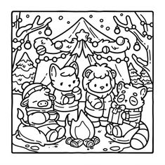 an adult coloring page with cartoon characters around the campfire and christmas tree in the background