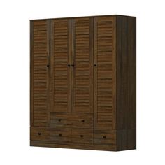 a wooden armoire with shutters on the front and drawers in dark brown wood