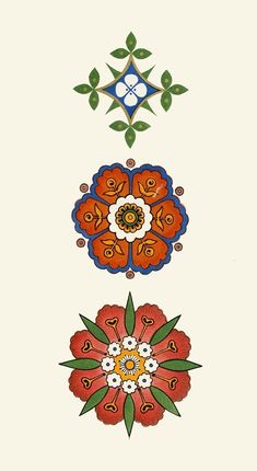 three different colored flowers on a white background, one with green leaves and the other red