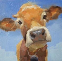 a painting of a brown cow looking at the camera