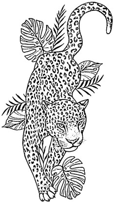 a black and white drawing of a leopard with leaves on it's back legs