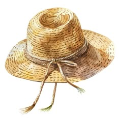 a watercolor drawing of a straw hat with a ribbon tied around the brim