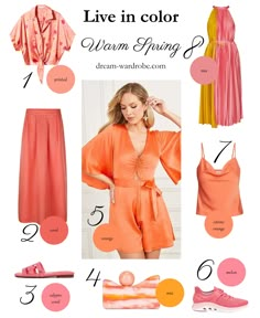 True Spring Color Palette Clothes, Copper Spring Color Palette, True Spring Color Palette Outfits Capsule Wardrobe, Warm Spring Outfit Ideas, Warm Spring Wardrobe, Spring Warm Outfits, Warm Spring Outfits Color Palettes