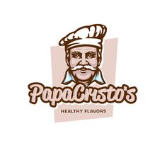 the logo for popacosto's healthy flavors, which features a chef with a mustache