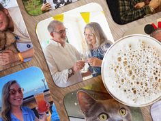 a table topped with photos and pictures of people drinking beer, cats looking at the camera