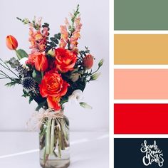 a vase filled with lots of red flowers next to a color swatch that says south pacific cafe