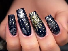 Light up your nails with these bold firework designs! Perfect for a festive and glamorous New Year’s Eve look." New Year's Eve Nails Design, New Years Nail Designs Fireworks, Fireworks Nail Design, New Year’s Eve Fireworks Nails, Fireworks Nails Design New Years, Gold Firework Nails, New Years Fireworks Nails, New Year Fireworks Nails, New Year's Eve Nails Sparkle