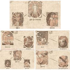 four different types of stamps on paper with pictures of men and women in the middle