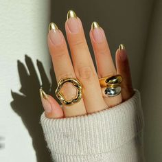 18 Gold French Tip Nail Ideas That Feel Luxurious and Elevated Gold Tip Nails, Gold French Tip, French Tip Manicure, Hoco Nails, Bridesmaids Nails, Milky Nails, Gold Nail Polish, Gold Nail Designs, Formal Nails