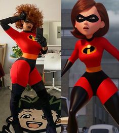 an animated woman dressed in red and black is standing next to another cartoon character with her hands on her hips