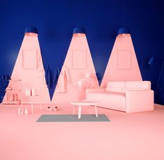 a living room with pink furniture and blue walls, in the shape of three pyramids