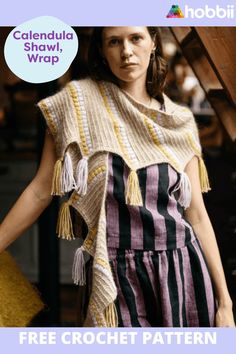 a woman wearing a striped dress and fringed shawl with the text free crochet pattern