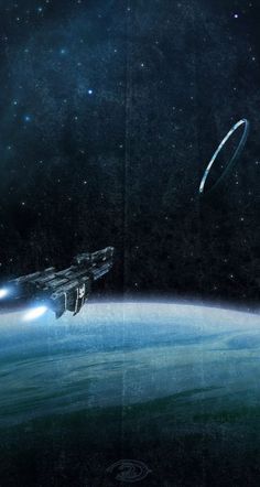 an artist's rendering of a space station in the middle of the earth with two spaceships flying above it