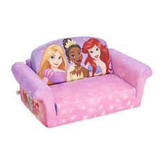 a pink sofa with princesses on it