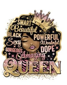 an image of a queen with words on the back and gold lettering in pink, black and