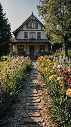 a house with flowers in front of it and a stone path leading to the front door