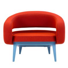 an orange chair with blue legs and footrests is shown in front of a white background