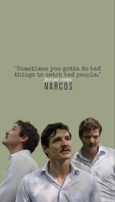 three men standing next to each other in front of a green background with the words narcos on it