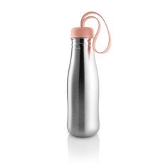 a stainless steel water bottle with a pink lid and loop on the side, against a white background