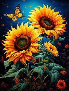 three sunflowers with a butterfly flying over them