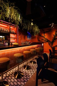 a dimly lit bar with stools and plants