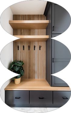 modern scandinavian wood shelves black cabinets Foyer Mudroom Entry Ways, Mud Bench Ideas, Mudroom Ideas Entryway Laundry, Basement Entry, Bay Cottage, Small Mudroom Ideas, Mudroom Remodel, Hall Entrance, Mudroom Bench Plans