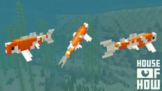 an orange and white fish floating in the ocean next to another animal with long legs