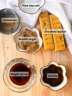 ingredients to make maple syrup on a cutting board with measuring tape and spoons labeled