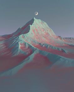 the moon is setting on top of a snow covered mountain in this artistic photo, it appears to be pink and blue