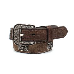 PRICES MAY VARY. Classic Western Style: Genuine leather strap with intricate floral tooling and brown tabs for a timeless Western look Unique Longhorn Conchos: Rectangular conchos with a longhorn head and scrolling design add a fun, authentic touch Durable and Comfortable: High-quality leather construction ensures durability, while the adjustable sizes 20-30 provide a comfortable fit Customizable Buckle: The removable silver buckle allows for easy customization, perfect for young cowboys who lov Ariat Belts, Floral Tools, Boys Belt, Cowboy Belt, Little Cowboy, Belt Brown, Western Belt, Rhinestone Belt, Branded Belts