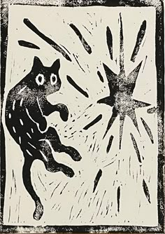 a black and white drawing of a cat chasing a star