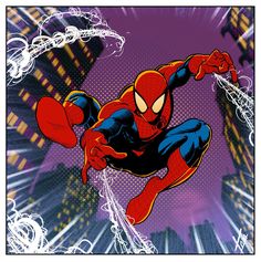 spider - man flying through the air with his arms outstretched in front of city lights