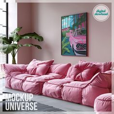 a living room with pink couches and a painting on the wall above it that reads mockup universe