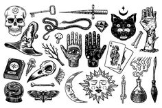 the set of hand drawn symbols for tattoos and other things in black and white colors