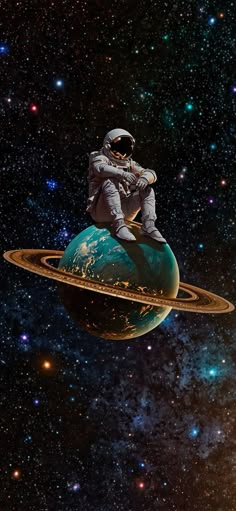 an astronaut sitting on top of a planet in the middle of space with stars around