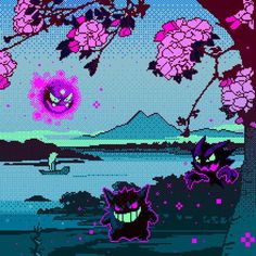 an old style pixel art with flowers and cats in the foreground, on a purple background