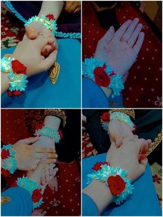 several pictures of hands with bracelets and flowers on them