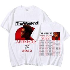 a white t - shirt with the weeknd tour dates printed on it and an image of a man's face