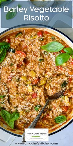 a bowl of barley vegetable risotto with basil leaves on top and the words, how to make barley vegetable risotto