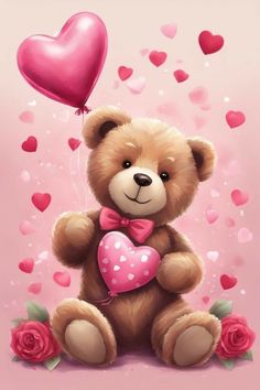 a brown teddy bear holding a pink heart shaped balloon with hearts floating around it on a pink background